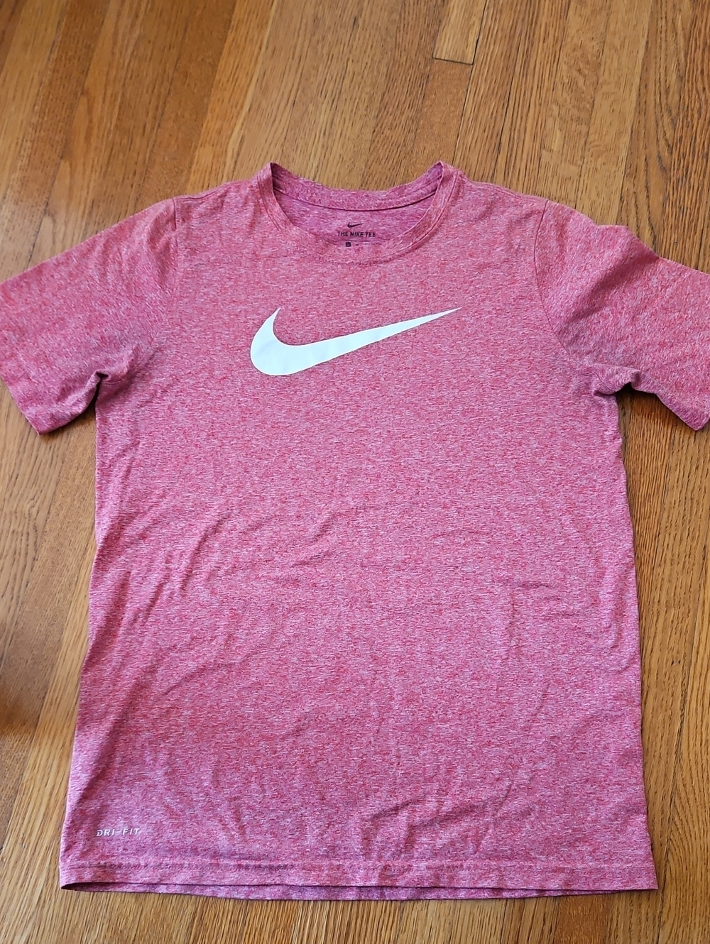 Nike Youth's Heather Red Short Sleeve Dri-FIT Tee with White Swoosh